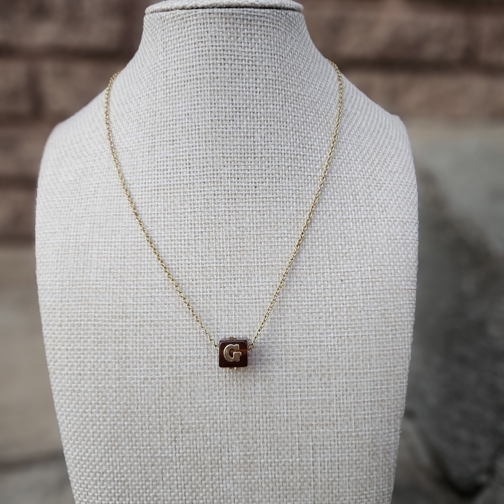 Vintage Gold G Initial Pendant Necklace Brown Cube Square Bead Women's Jewelry